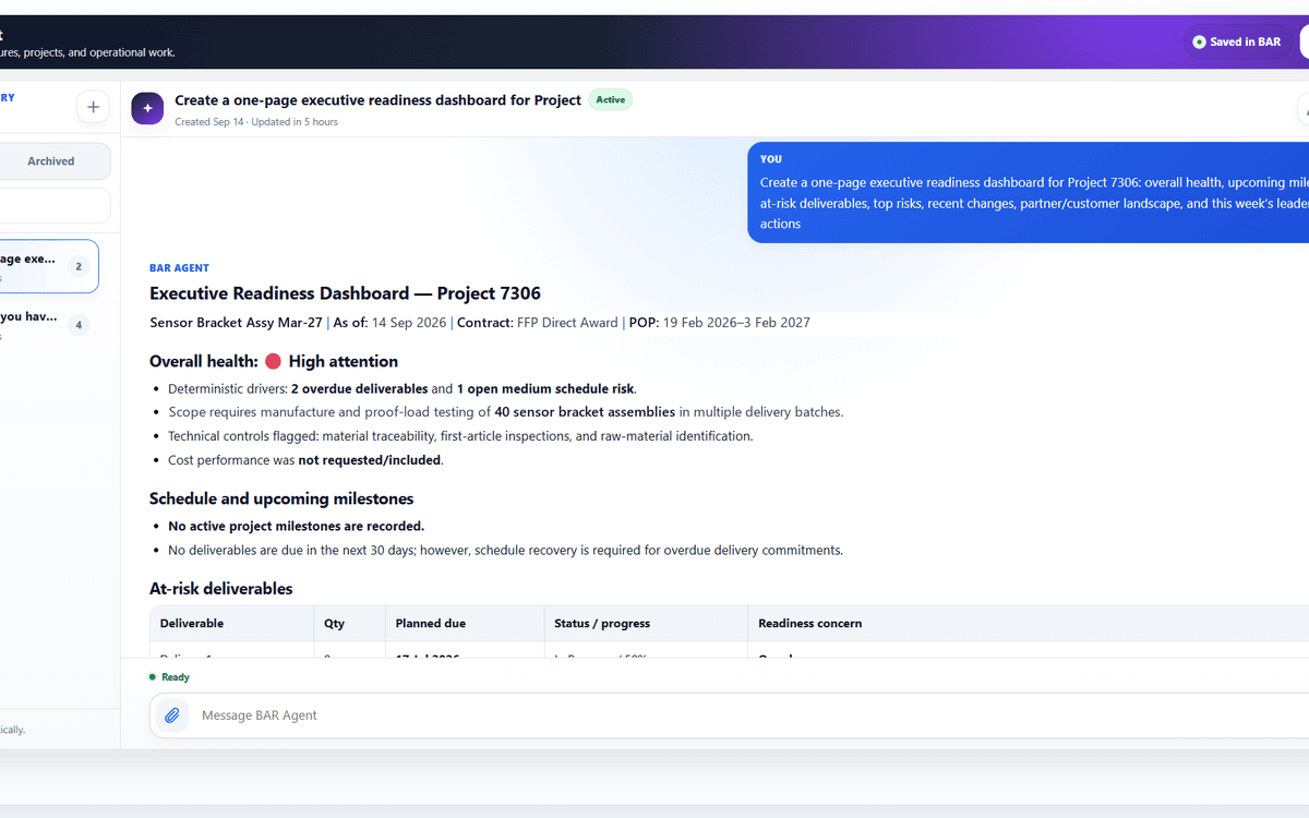 BAR Agent chat inside the ERP: a conversation library on the left and an executive readiness dashboard generated for a project, with overall health, schedule notes, and at-risk deliverables.
