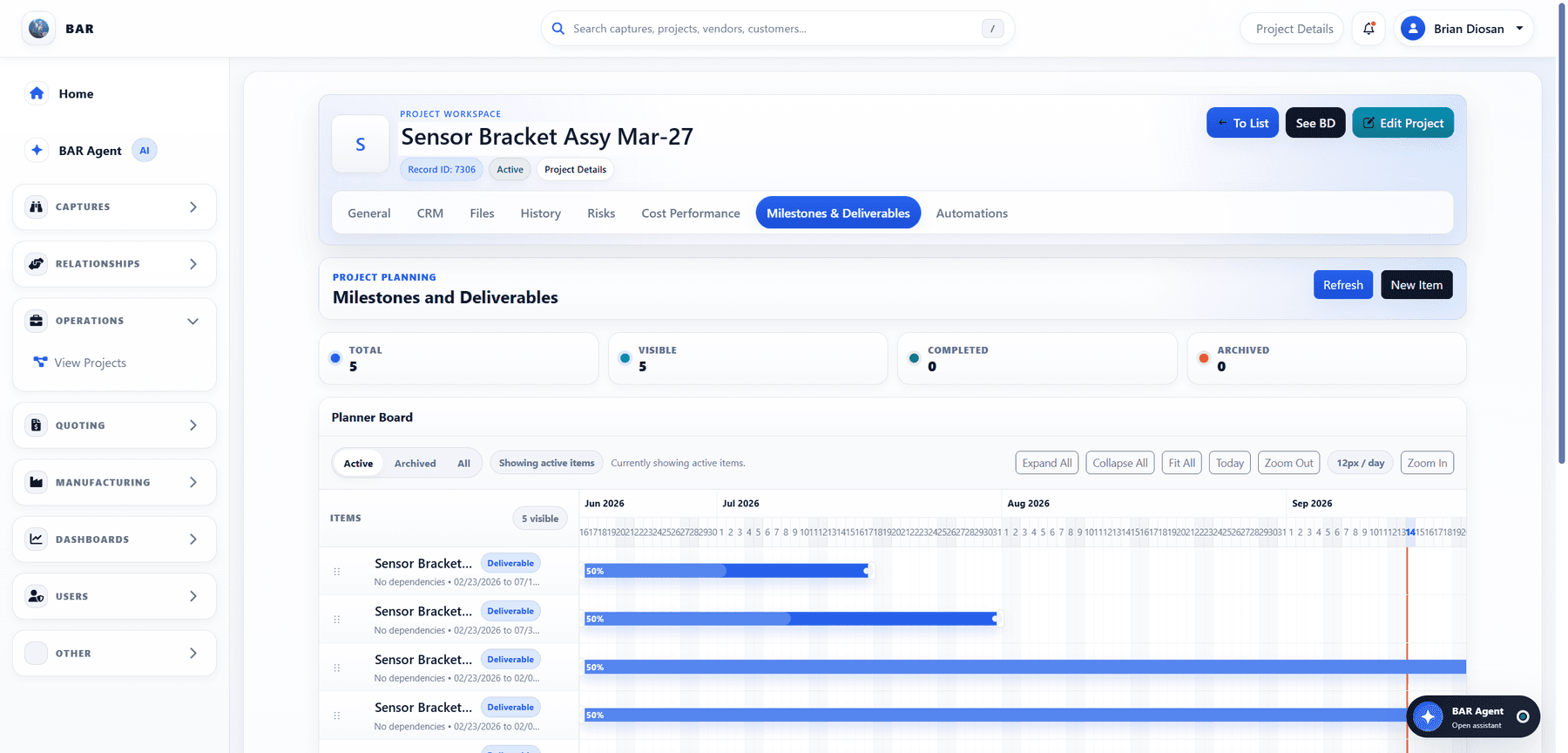 BAR project workspace on the Milestones and Deliverables tab: a project header with record ID and status, tabs for General, CRM, Files, History, Risks, Cost Performance, and Automations, summary counts, and a planner board with deliverables on a month timeline.