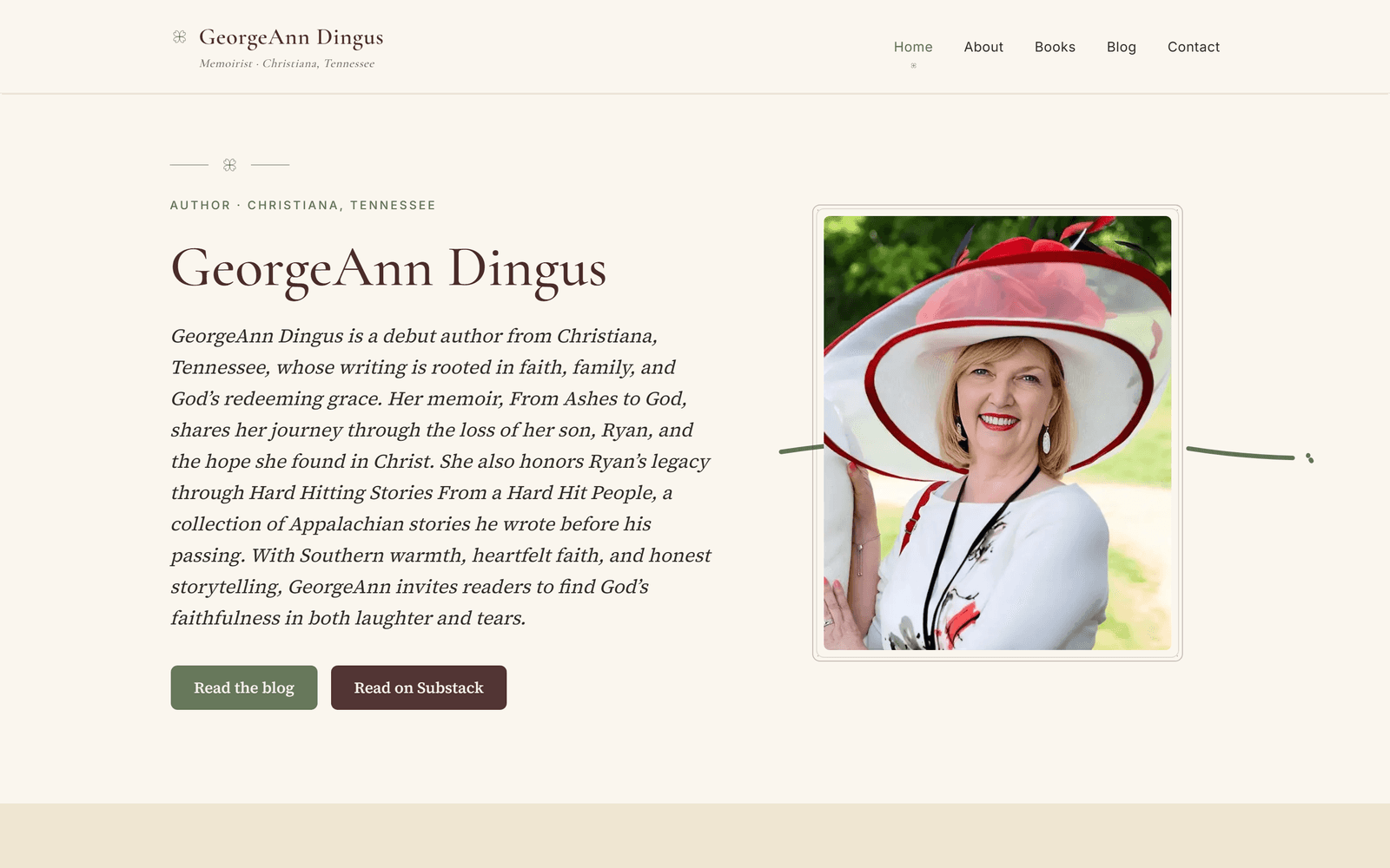The georgeanndingus.com home page: a serif headline, an author biography, a framed portrait, and buttons to read the blog or Substack on a cream background.