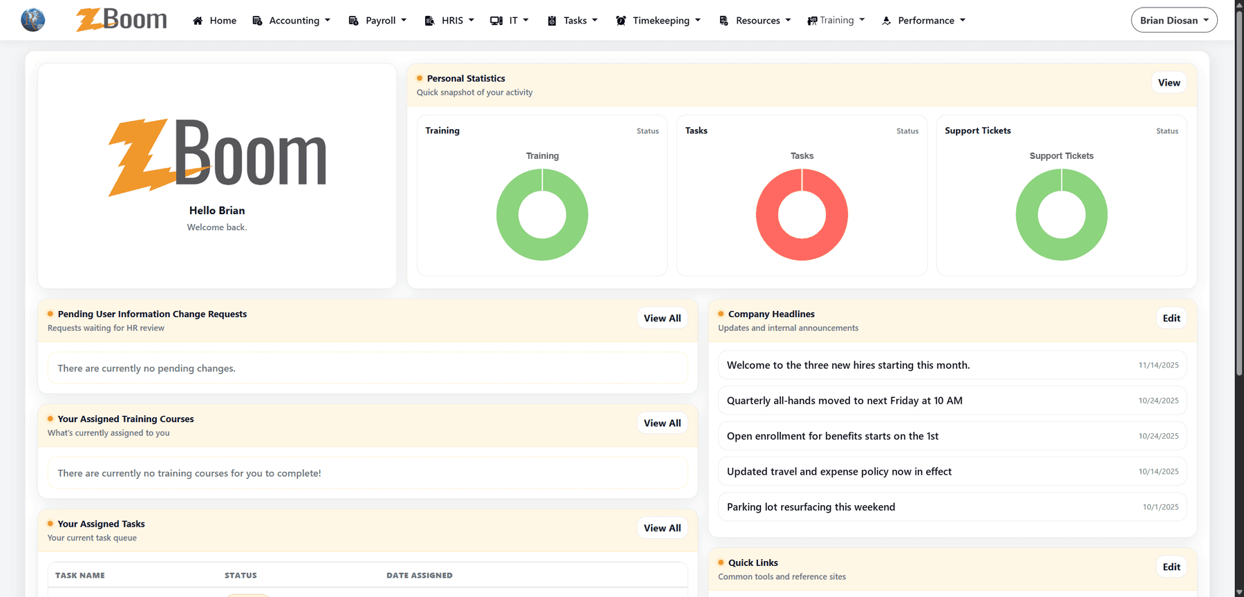 ZBoom home page: personal statistics with three status rings, pending change requests, assigned training and tasks, and a company headlines list.